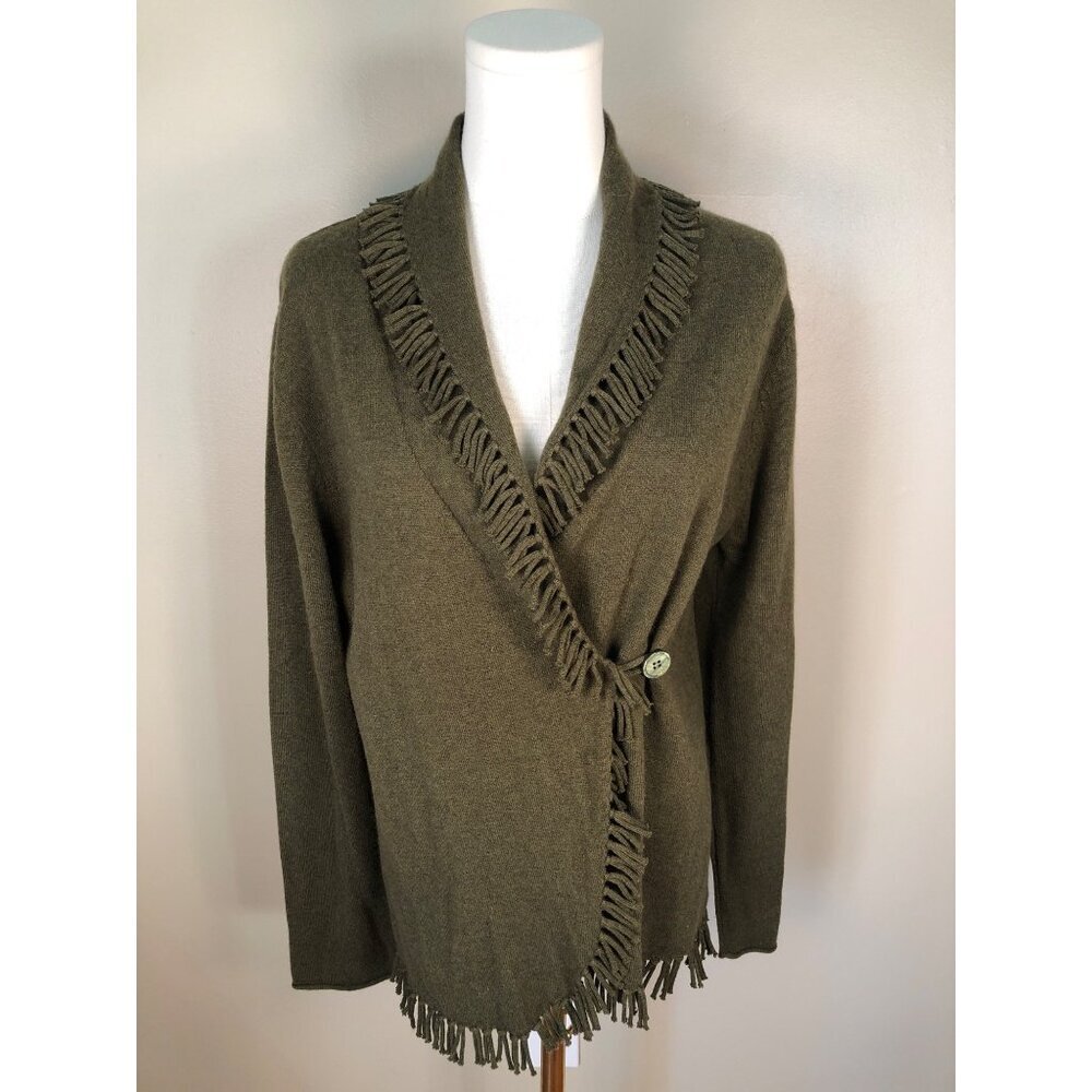 NWT Peck & Peck Cashmere Wrap Front Shawl Collar Fringe Detail Olive Sweater - L